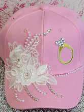 Cargar imagen en el visor de la galería, BLING NATION -"I Said Yes"! - Pink Baseball Cap With Lace, Pearls And Rhinestone Embellishments.