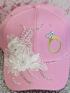 I Said Yes!! Pink Baseball Cap With Lace, Pearls And Rhinestone Embellishments.