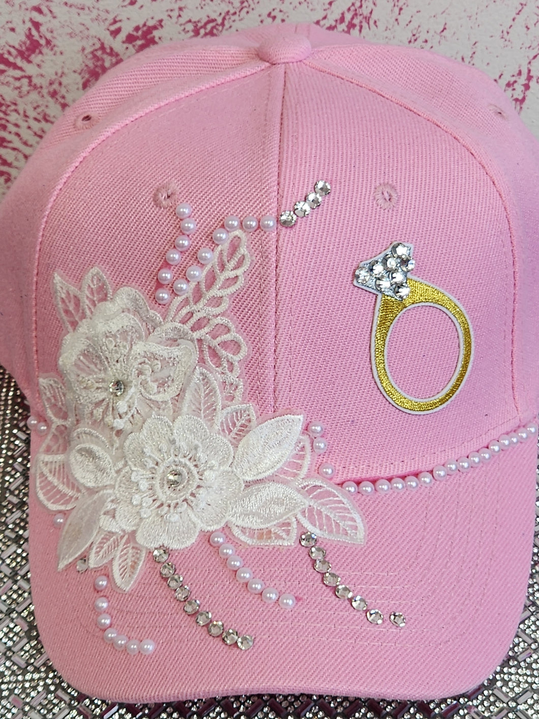 I Said Yes!! Pink Baseball Cap With Lace, Pearls And Rhinestone Embellishments.