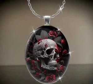 "Skull And Roses"- Necklace With Glass Inlay Pendant