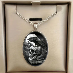 When The SKULL Meets The RAVEN- Necklace with Glass Inlay Pendant