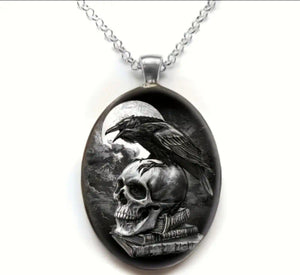 When The SKULL Meets The RAVEN- Necklace with Glass Inlay Pendant