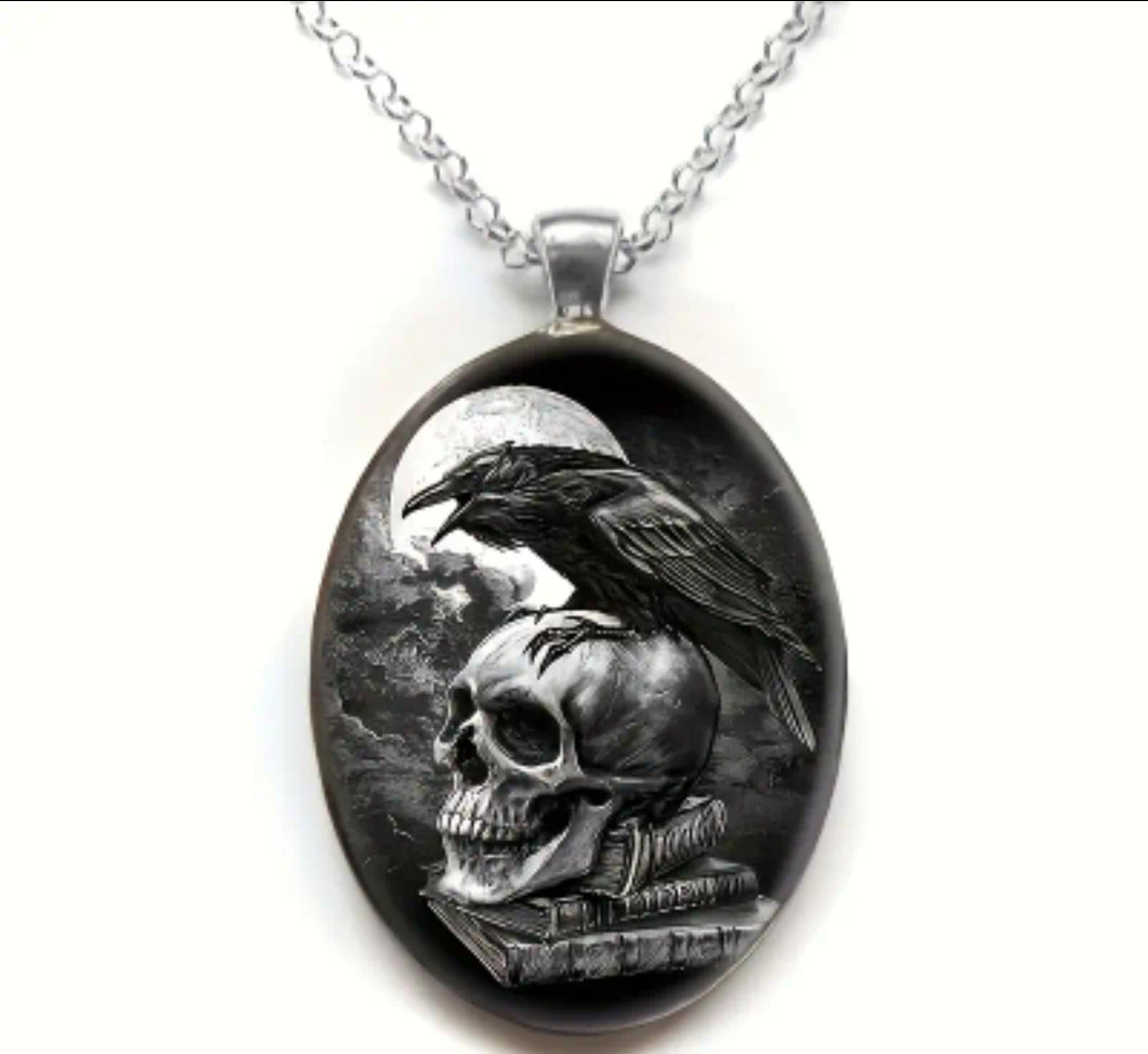 When The SKULL Meets The RAVEN- Necklace with Glass Inlay Pendant