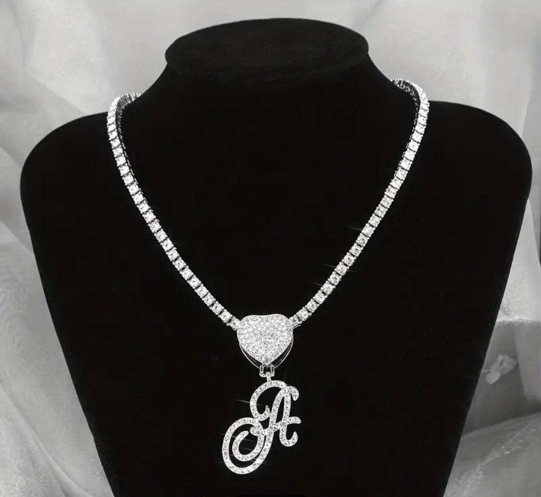 Initialize THIS!!- Zircon/Silver Plated Tennis Necklace With Initial Pendant